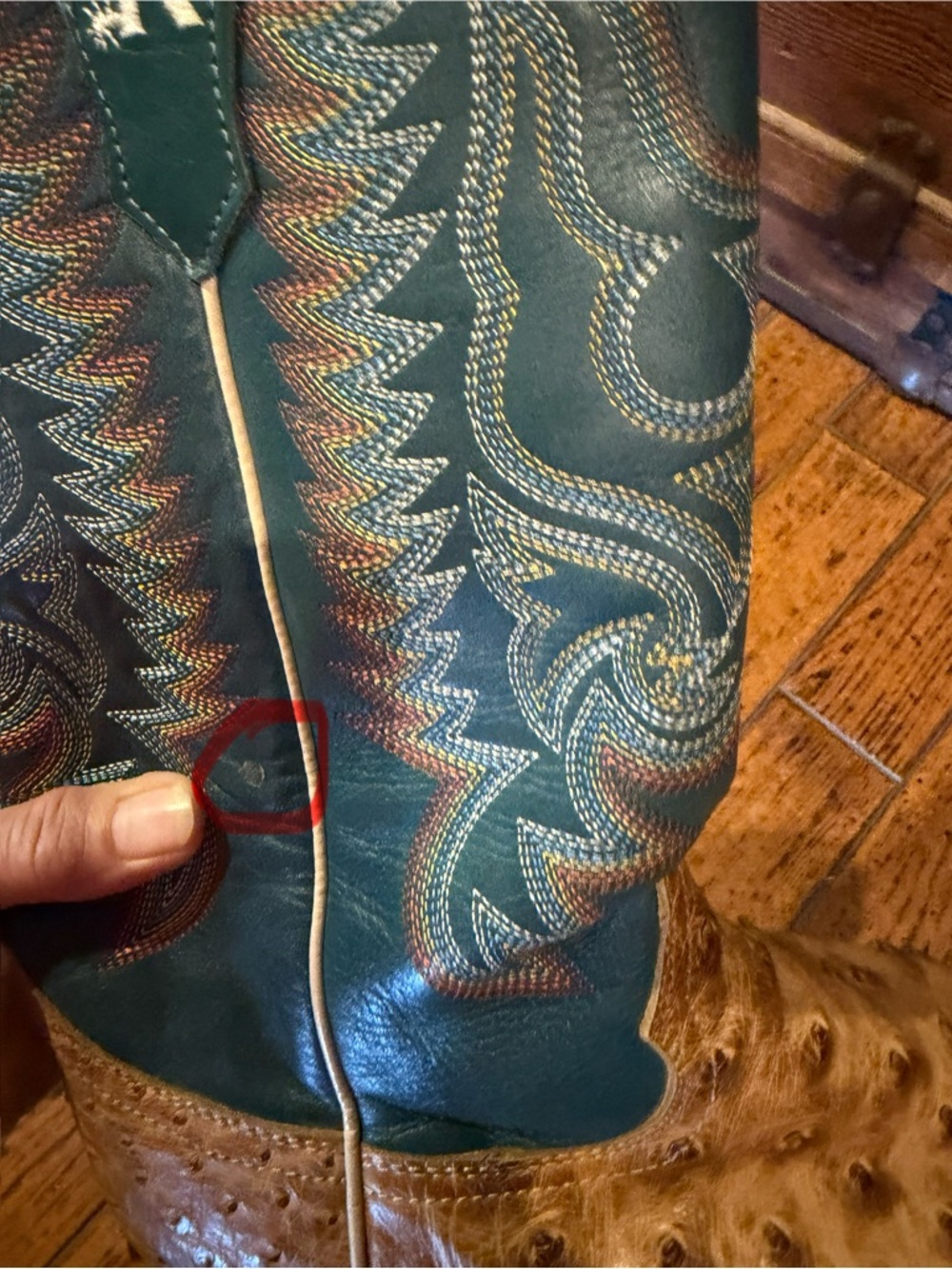 R. Watson Men's Tan Ostrich Leather Cowboy Boots with Teal Shaft - Picture 11 of 11